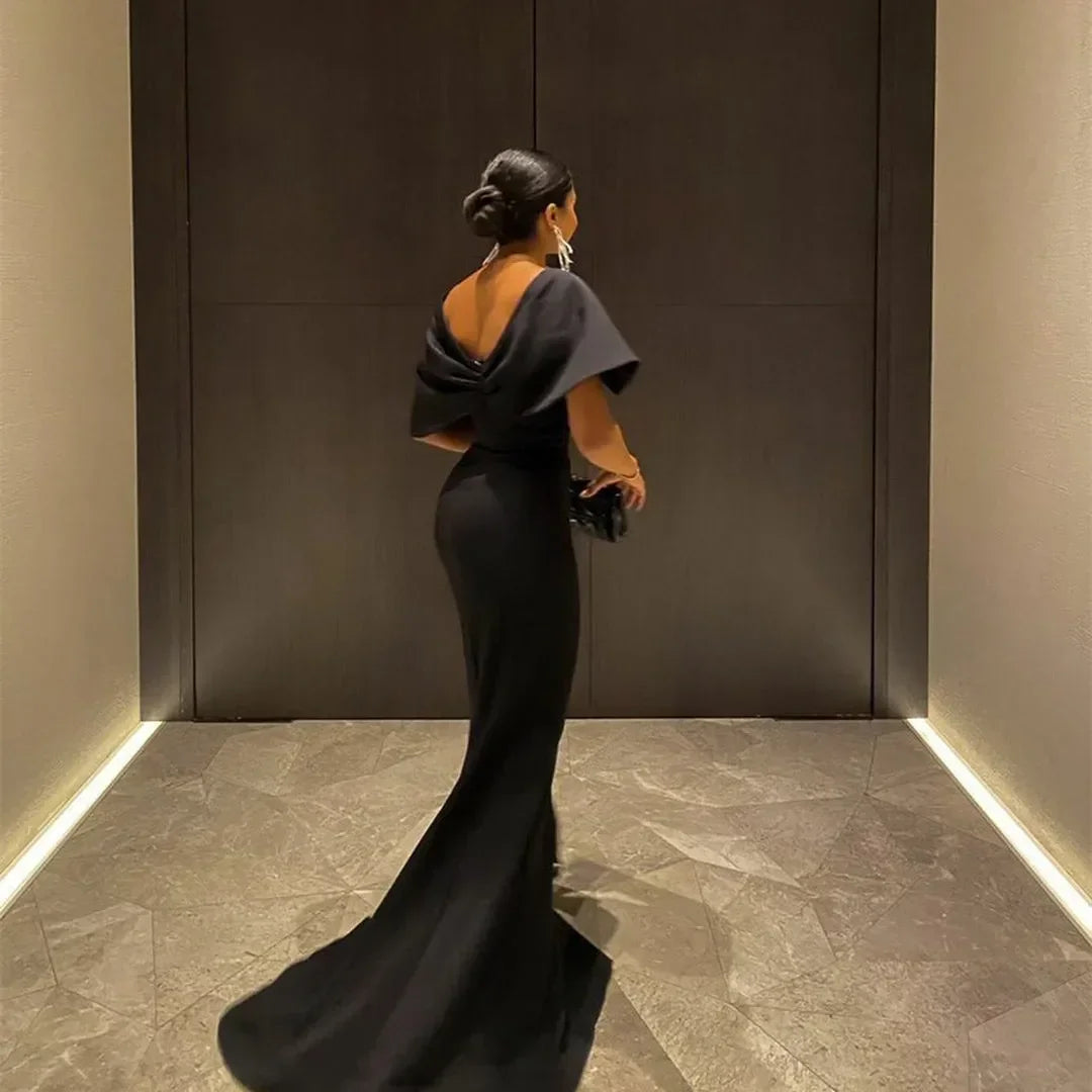 Women's Elegant Long Black Evening Dresses with Slit Off the Shoulder Mermaid Prom Dress Y4760
