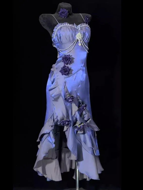 Único roxo sereia 3D flores vestido de noite alças finas vestido de baile Y8347