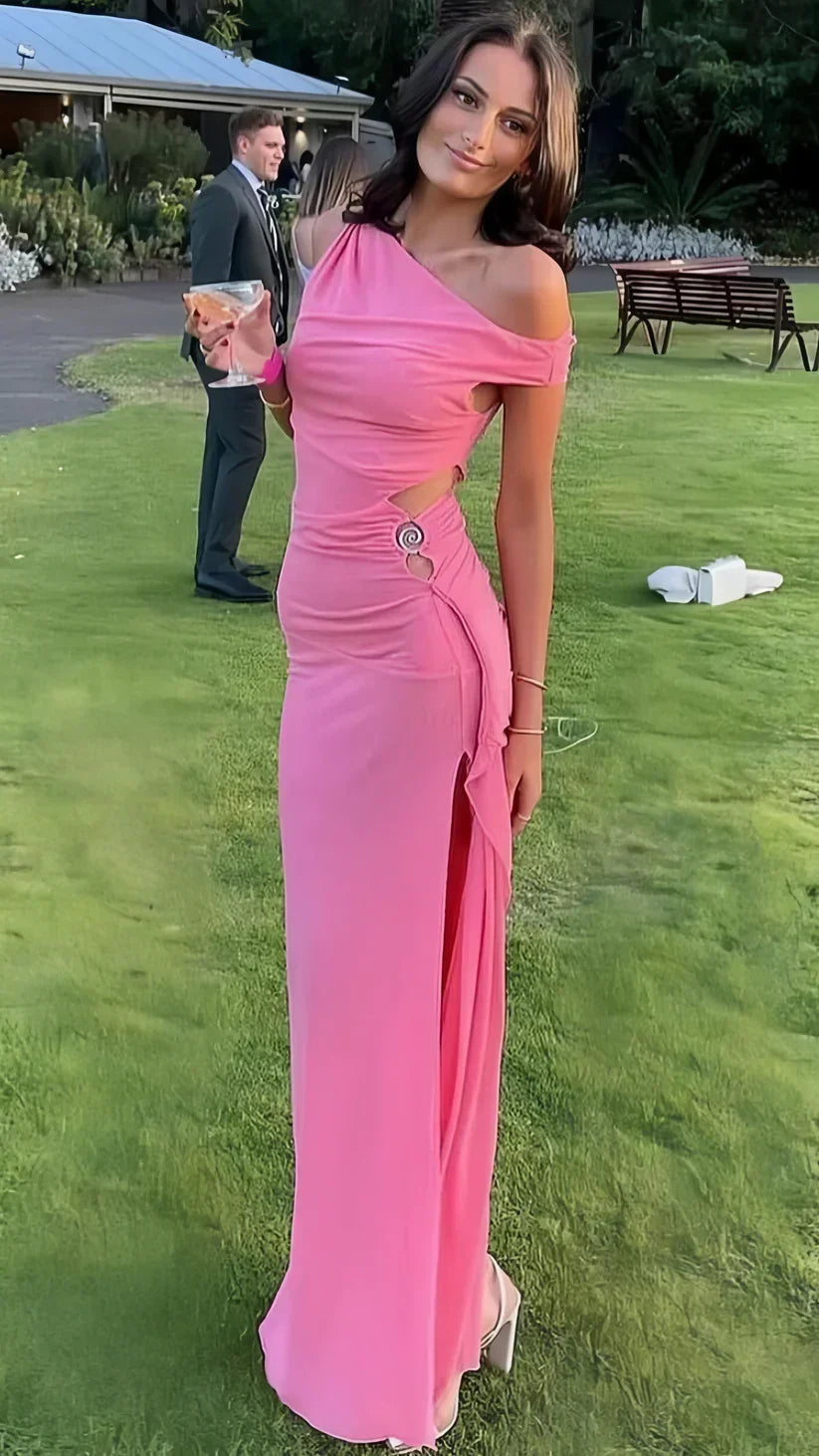 Vestido Longo de Festa Único Rosa em Chiffon Justo com Ombros Descobertos e Fenda Vestido de Baile de Finalistas Y8024