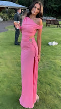 Vestido Longo de Festa Único Rosa em Chiffon Justo com Ombros Descobertos e Fenda Vestido de Baile de Finalistas Y8024