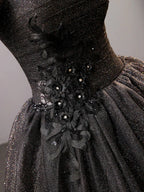 Black Square Neckline Tulle Long Prom Dress Shiny Black Evening Dresses Y4386