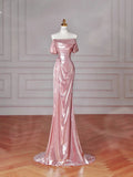 Vestido Longo de Cetim Rosa Deslumbrante com Ombros Descobertos, Estilo Sereia, para Baile e Noite Y8630