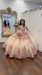 Robe de bal princesse bouffante cœur or rose Robe de 16 ans Appliqué perlé Robes de quinceañera Y827