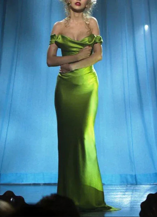 Vestido de Cetim Verde com Ombros Descobertos, Vestido de Noite Longo Sereia Y8110
