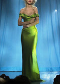 Vestido de Cetim Verde com Ombros Descobertos, Vestido de Noite Longo Sereia Y8110