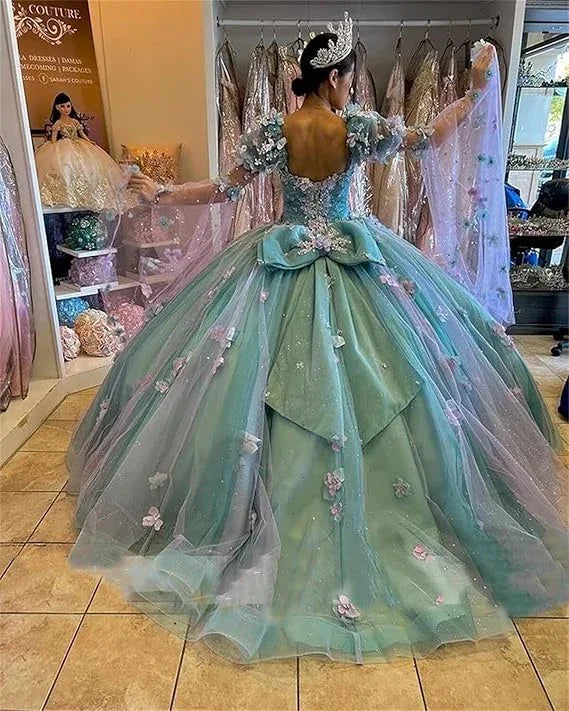 Vestido de Bola com Flores 3D Lilás para Quinceanera, Mangas Compridas Bufantes Y6580