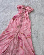 Vestido de noche con volantes y estampado floral en gasa rosa, escote halter, corte sirena, vestido de gala Y8306