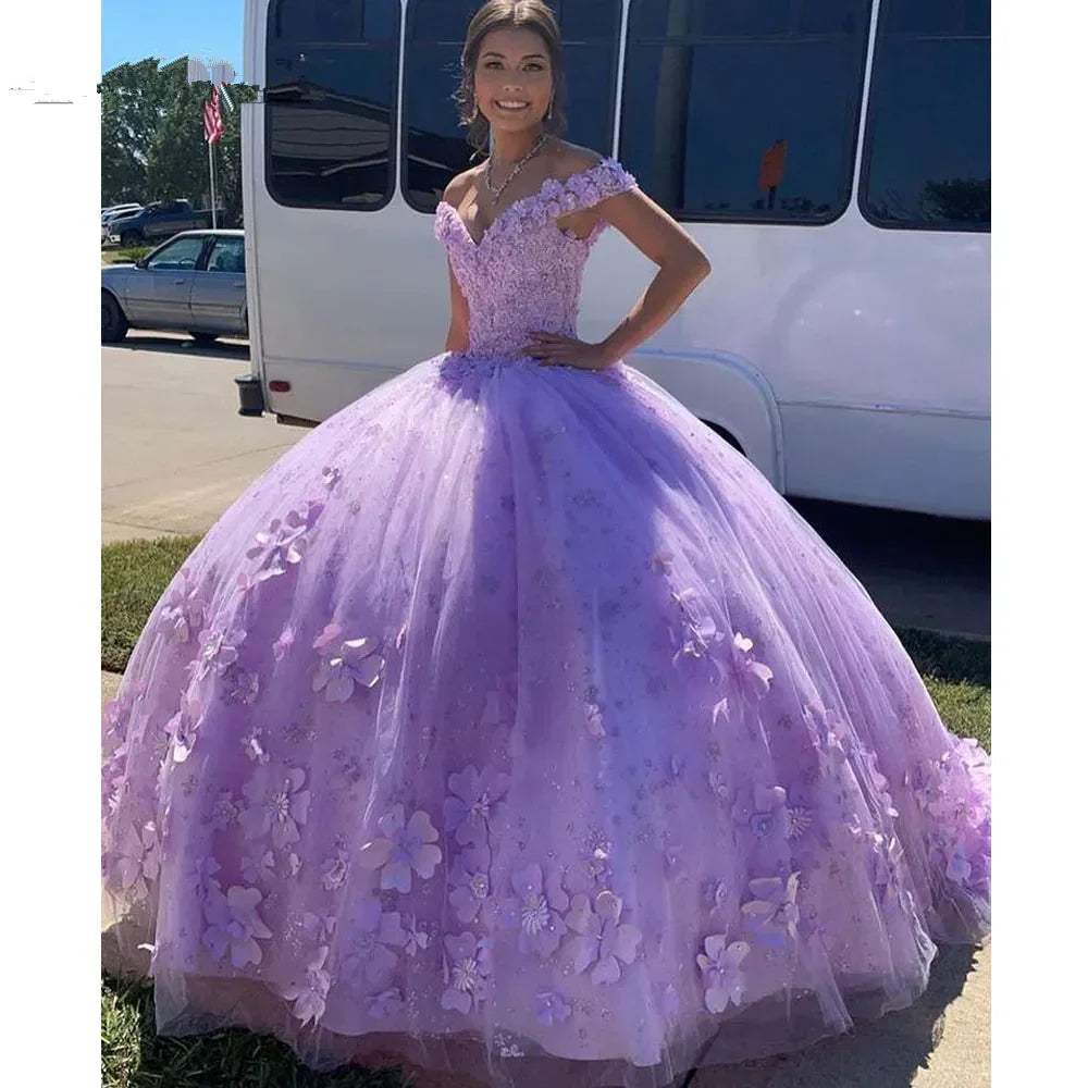 Vestido de Baile Luxuoso de Alfazema com Ombros Descobertos, Vestido Doce 16, Vestido de Princesa Y7182