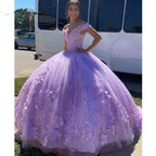 Vestido de Baile Luxuoso de Alfazema com Ombros Descobertos, Vestido Doce 16, Vestido de Princesa Y7182