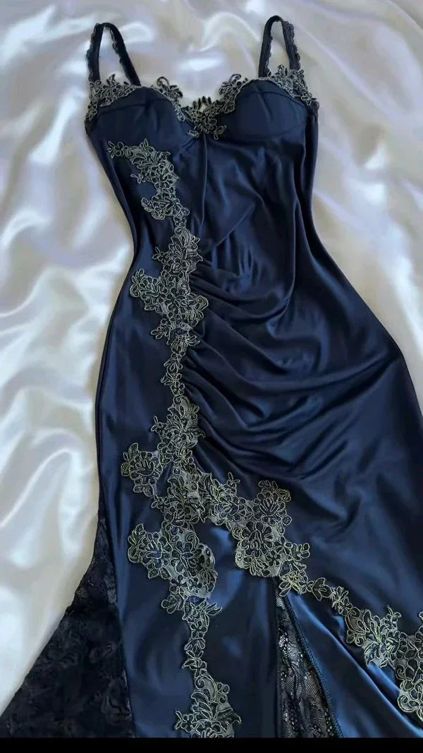 Vintage marineblaue Satin-Spitzenapplikationen Meerjungfrau-Abendkleid Ballkleid Y8497