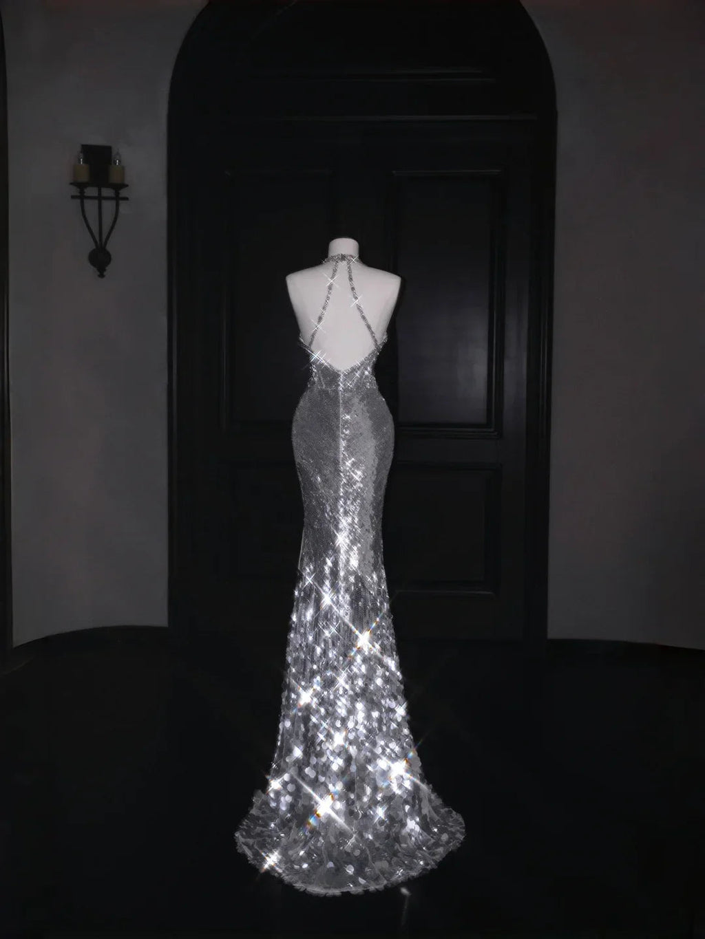 Vestido de noche escotado en V profundo plateado brillante con lentejuelas, cuentas y espalda descubierta, vestido de sirena para baile de graduación Y8687