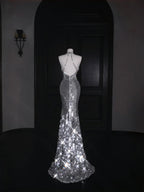 Vestido de noche escotado en V profundo plateado brillante con lentejuelas, cuentas y espalda descubierta, vestido de sirena para baile de graduación Y8687