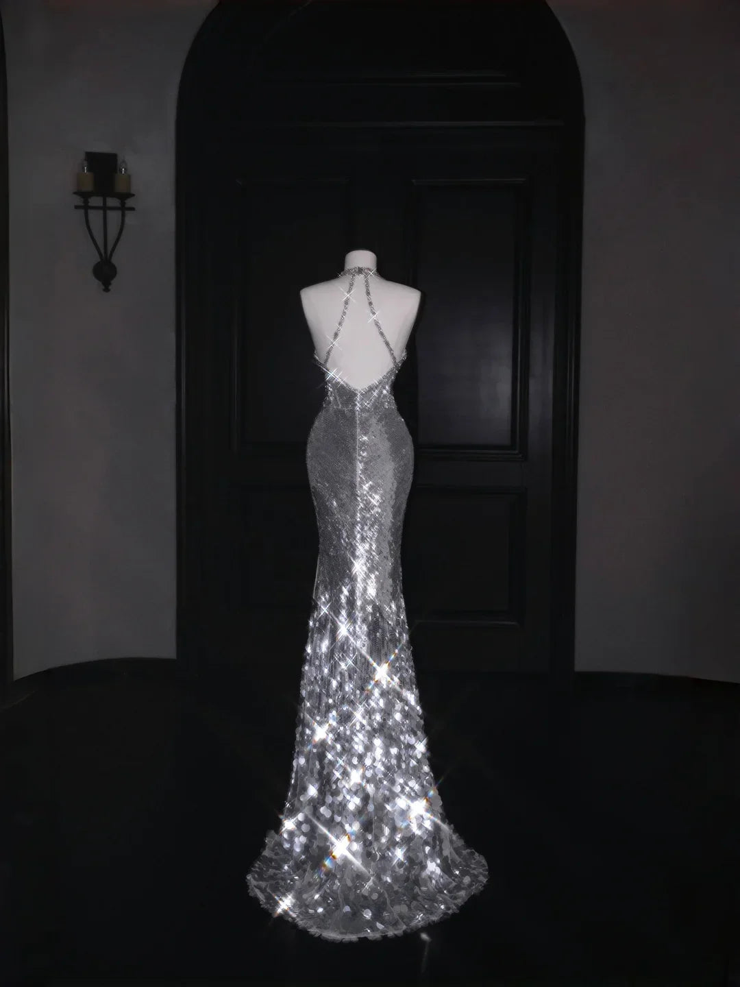 Vestido de noche escotado en V profundo plateado brillante con lentejuelas, cuentas y espalda descubierta, vestido de sirena para baile de graduación Y8687