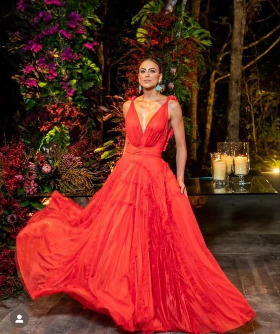 Vestido de noite formal sexy em linha A com decote profundo em V Y6175