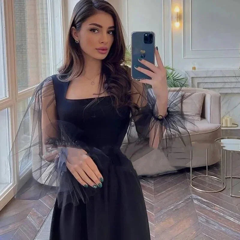 Vestido de noite elegante em linha A, mangas compridas, preto, simples, com decote quadrado, vestidos de festa para mulheres Y4557