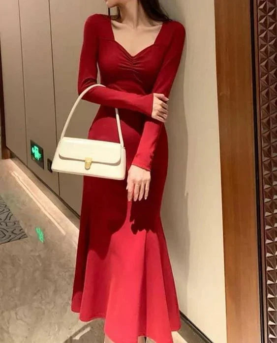 Vestidos de Festa Longos Vermelhos com Mangas Compridas Estilo Sereia Vestido de Baile Y5618