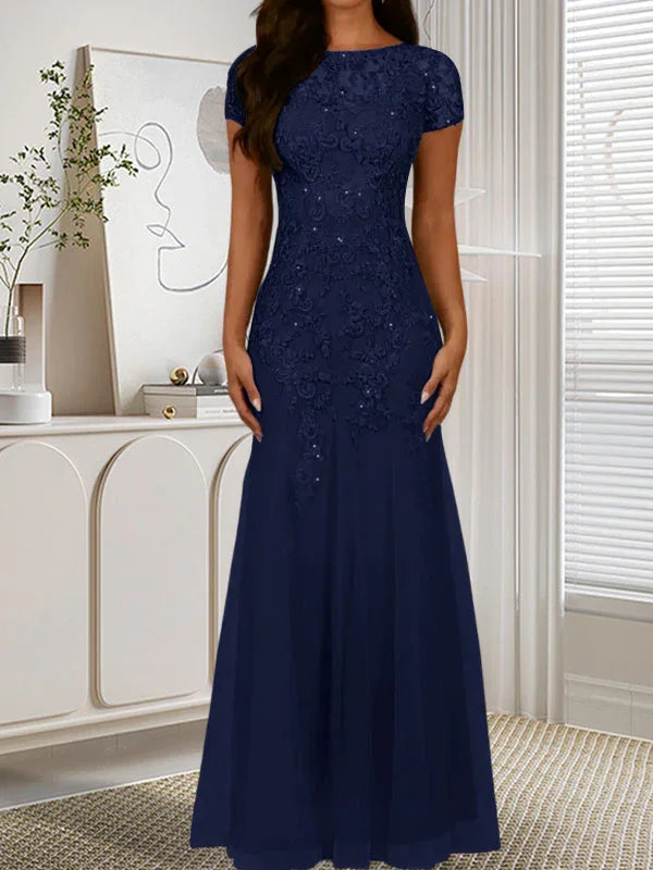Abito in tulle con scollo a sirena e paillettes blu marina scuro