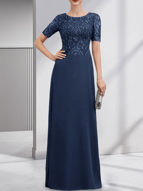 A-line Scoop Floor-Length Lace Chiffon Mother of the Bride Dress With Sequins