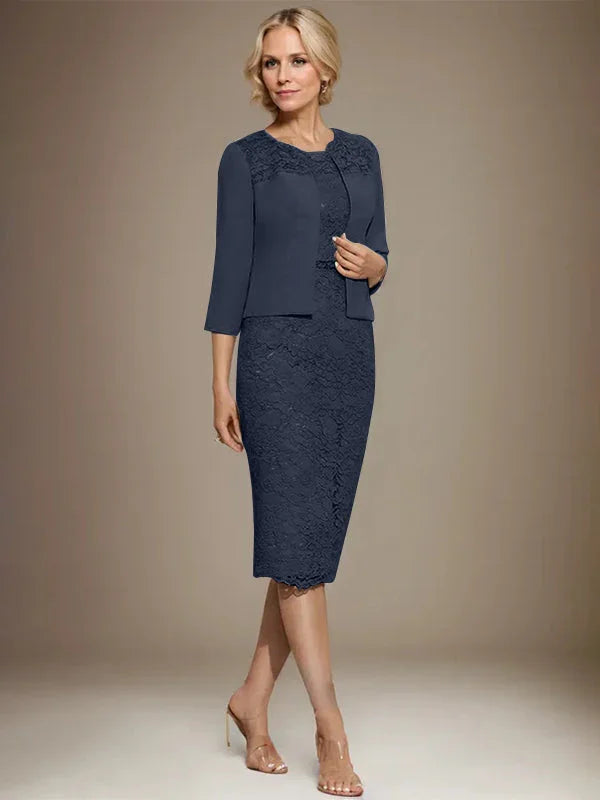 Vestido de madrina de novia de encaje de gasa con abalorios, corte columna y largo hasta la rodilla