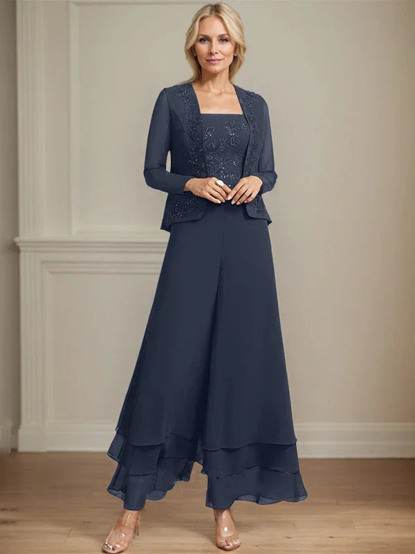 Getrennter Overall/Hosenanzug mit quadratischem Ausschnitt, knöchellang, aus Spitzenchiffon, Brautmutterkleid mit Pailletten