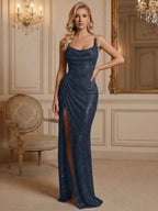 Silver Sequin Cowl Neck Ruched Long Prom Dress With High Slit