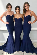 Vestidos de dama de honor con escote corazón y corte sirena azul marino, vestido de fiesta de boda