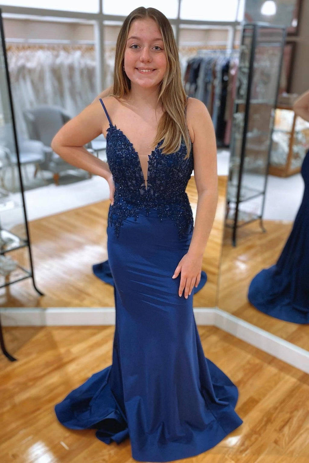 Blue Mermaid V Neckline Rhinestone Long Prom Dress
