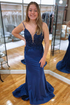 Blue Mermaid V Neckline Rhinestone Long Prom Dress