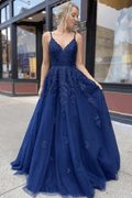 Vestidos de baile forma A com decote em V e renda de tule, vestidos formais longos