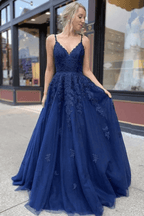 Vestidos de baile forma A com decote em V e renda de tule, vestidos formais longos