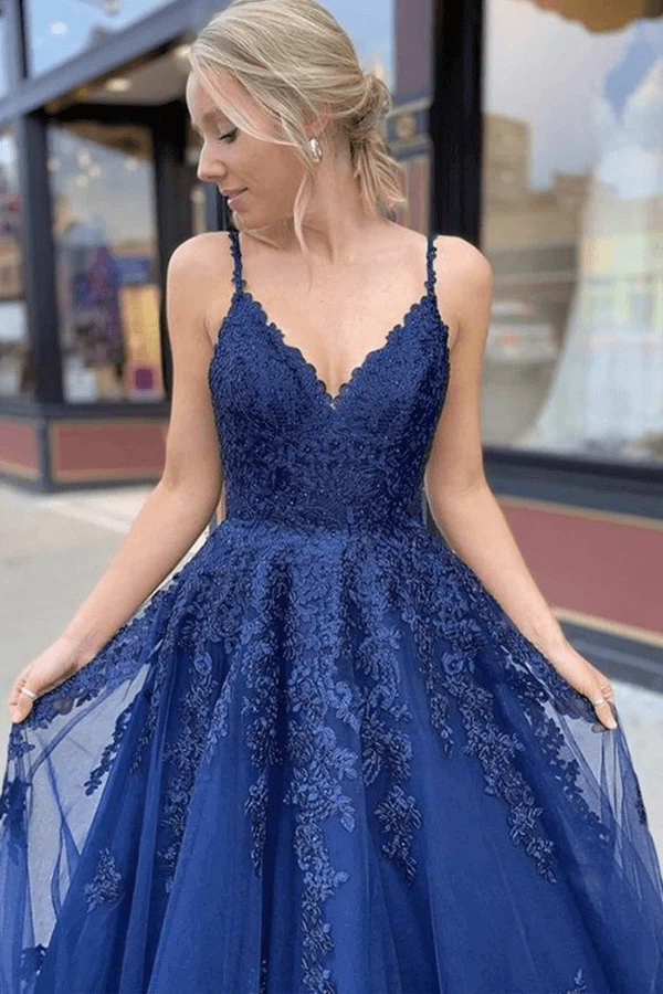 Vestidos de baile forma A com decote em V e renda de tule, vestidos formais longos