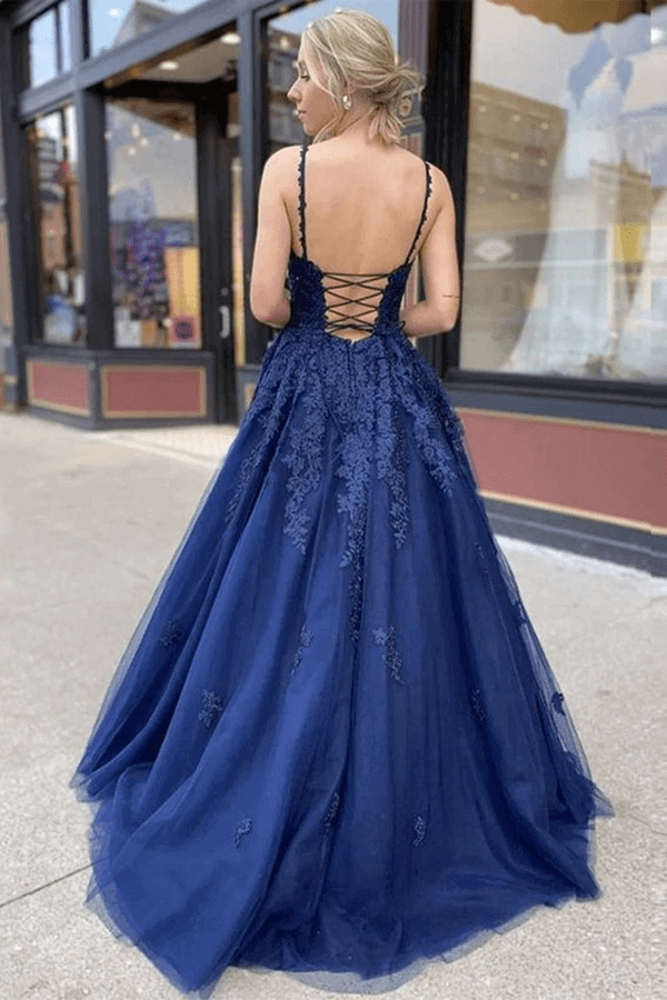 Vestidos de baile forma A com decote em V e renda de tule, vestidos formais longos