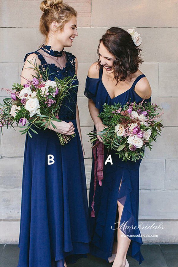 Robes de demoiselle d'honneur en mousseline marine, coupe évasée, col en V, robe de fête de mariage