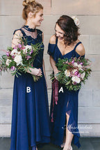 Robes de demoiselle d'honneur en mousseline marine, coupe évasée, col en V, robe de fête de mariage