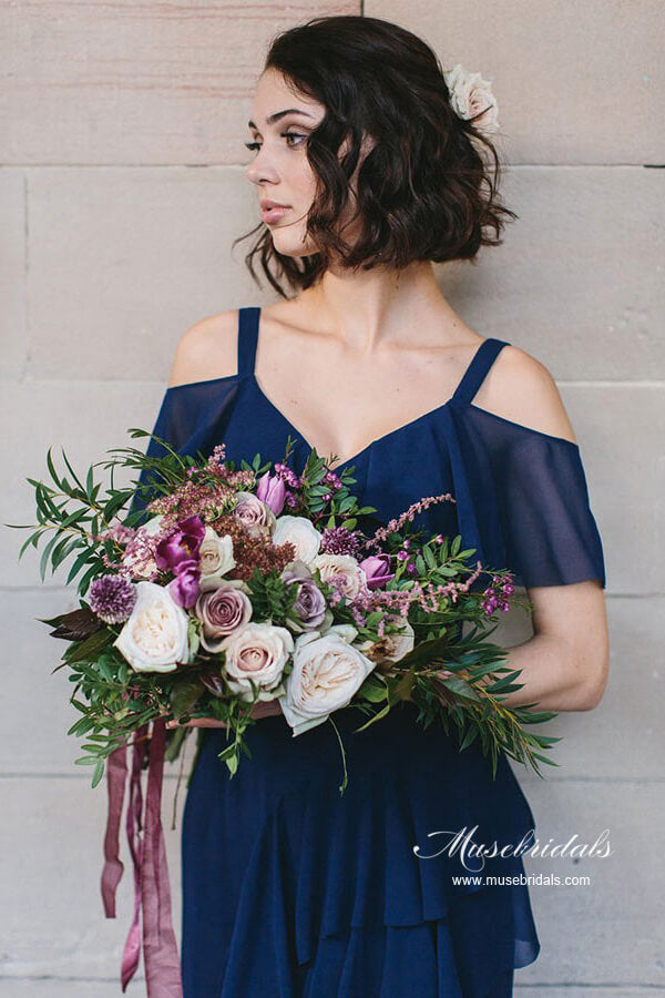 Robes de demoiselle d'honneur en mousseline marine, coupe évasée, col en V, robe de fête de mariage