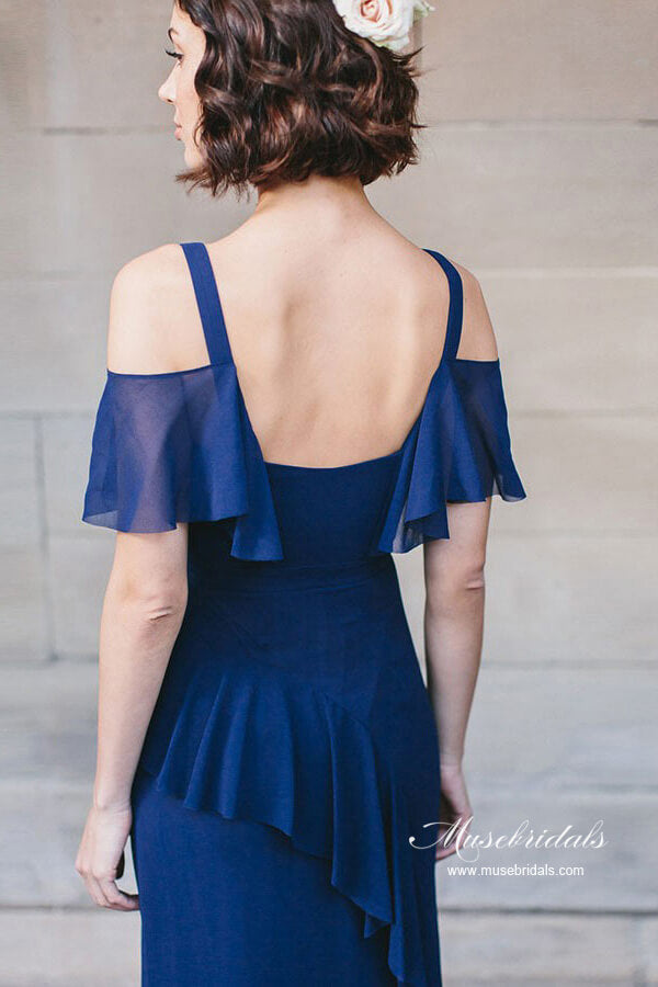 Robes de demoiselle d'honneur en mousseline marine, coupe évasée, col en V, robe de fête de mariage