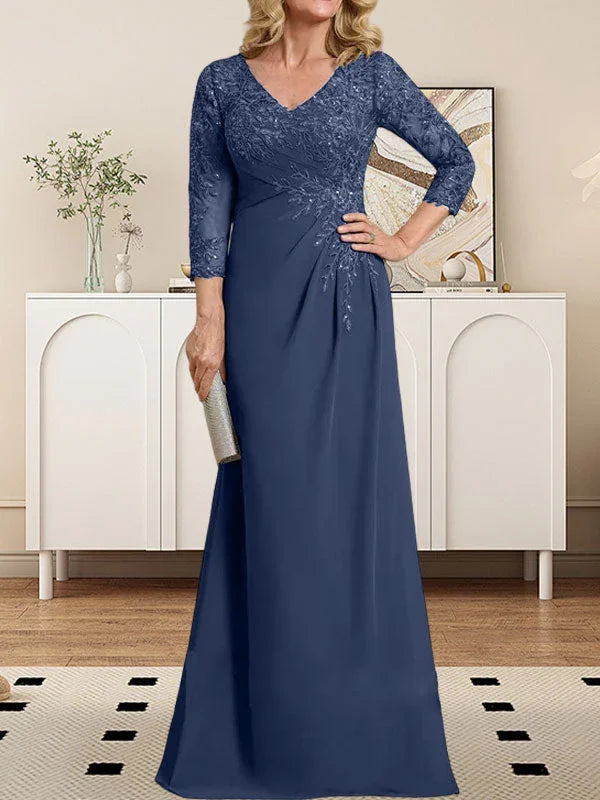 Vestido de madrina de novia con escote en V ilusión, corte columna, largo hasta el suelo, de encaje y gasa con lentejuelas plisadas