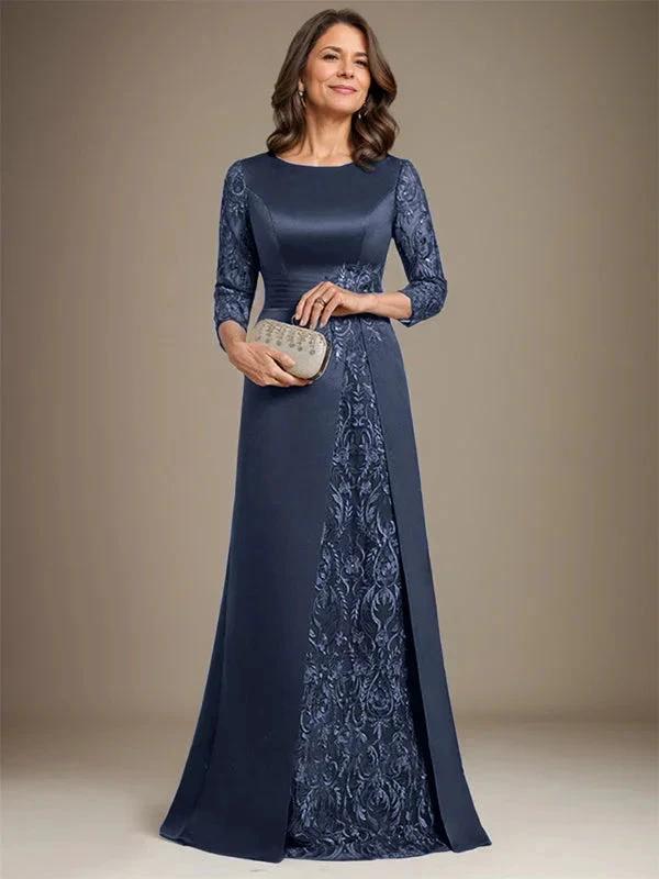 A-Line Scoop Floor-Length Lace Satin Mother Of the Bride Dress With Applique by Dreamylily