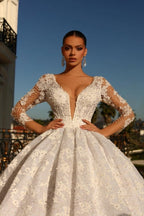 Robe de mariée en dentelle à manches trois quarts, jupe bouffante, ornée de strass, pour noble bien-aimée