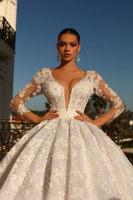 Robe de mariée en dentelle à manches trois quarts, jupe bouffante, ornée de strass, pour noble bien-aimée