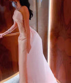 Baby Pink Satin Strapless Saudi Arabia Corset Sparkly Sequins Dubai Evening Dress Formal Party Dress Y4887