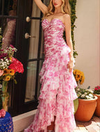 Vestido de noite elegante sem alças em chiffon com estampado floral, camadas e racha, vestido de baile Y7881
