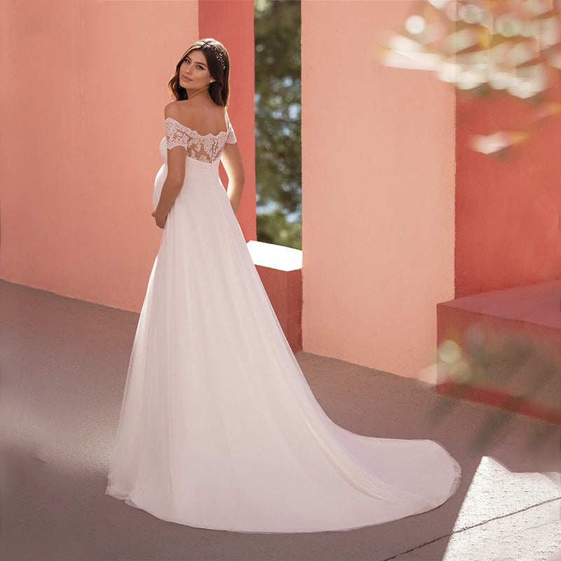 6129#Robe de mariée de maternité à manches courtes en dentelle, col rond, traîne balai