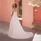 6129#Robe de mariée de maternité à manches courtes en dentelle, col rond, traîne balai