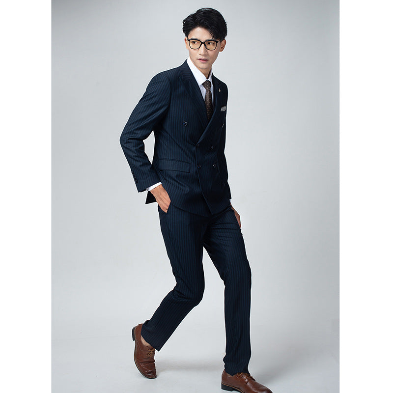 Double Breasted Suit British Grey Striped Slim Fit Business Casual