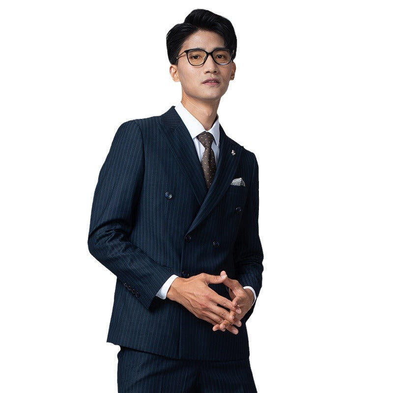 Double Breasted Suit British Grey Striped Slim Fit Business Casual