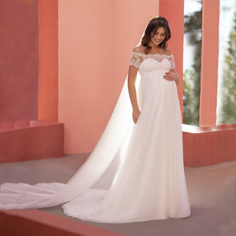 Maternity wedding dress short-sleeved lace one-line collar mop tail bridal dress