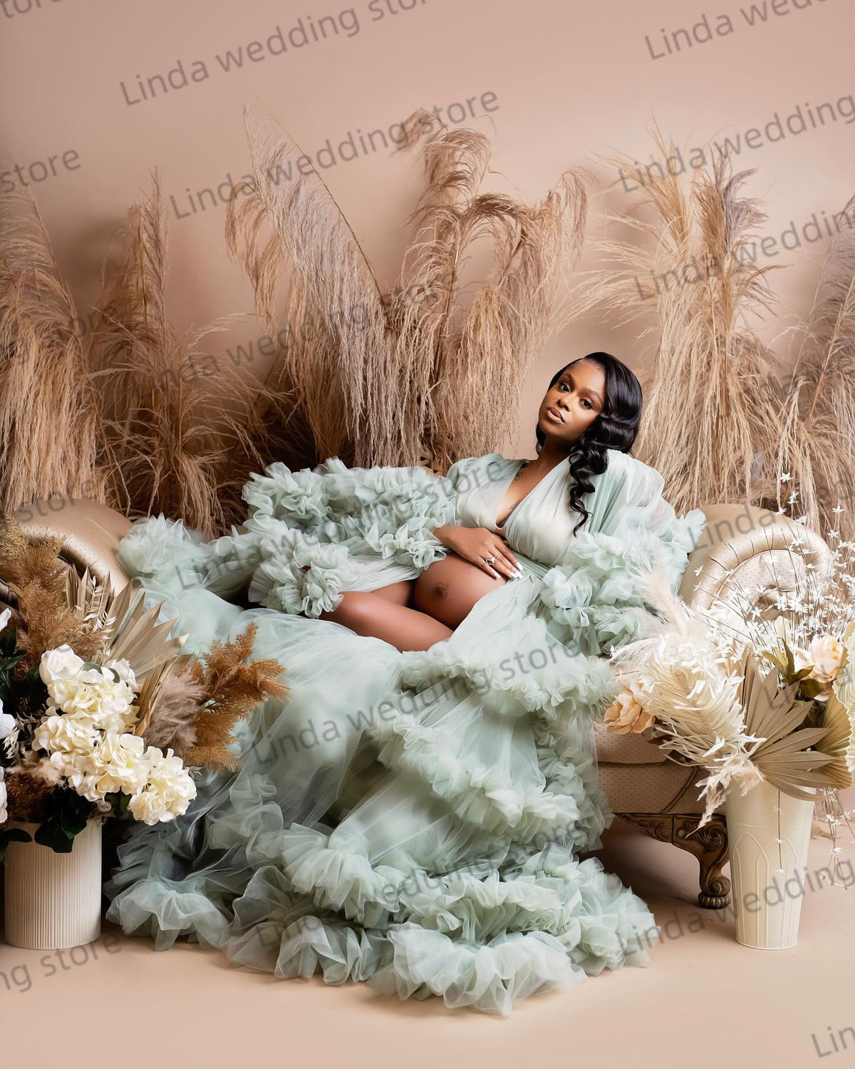 Robe de bal sexy à col en V, volantée à l'avant avec fente, manches Tauze, tenue de maternité à volants pour photographie de grossesse