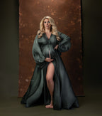 Vestido de maternidade com manga comprida tipo lanterna, decote em bico, vestido de maternidade tipo retrato