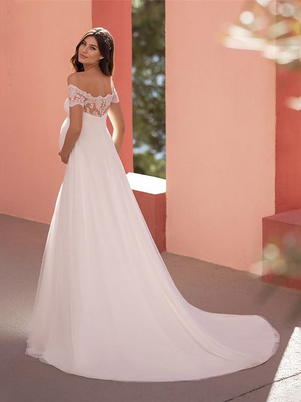 Maternity wedding dress short-sleeved lace one-line collar mop tail bridal dress